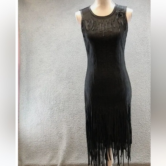 Elie Tahari black leather & mesh Milan fringe dress. Sizzling hot. Size 2. - Picture 3 of 10